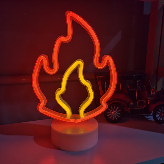 Fire Neon LED Night Lights: Ignite Your Ambiance: red-orange, yellow flame, minimal graphic style