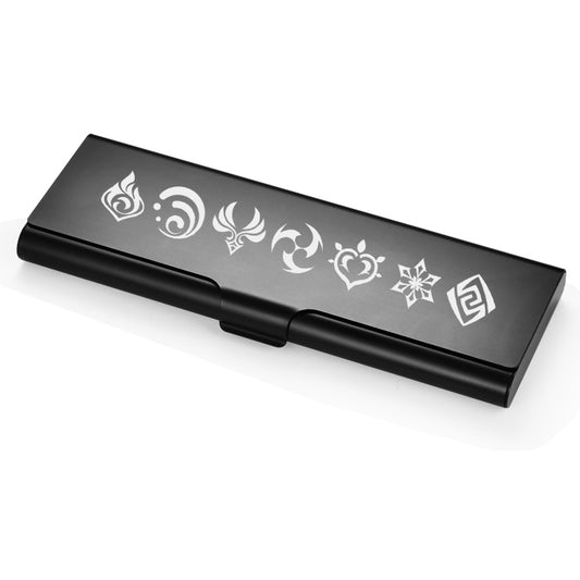 Genshin Impact Aluminum Pencil Case: black, white rectangular hinged case or box, minimal style