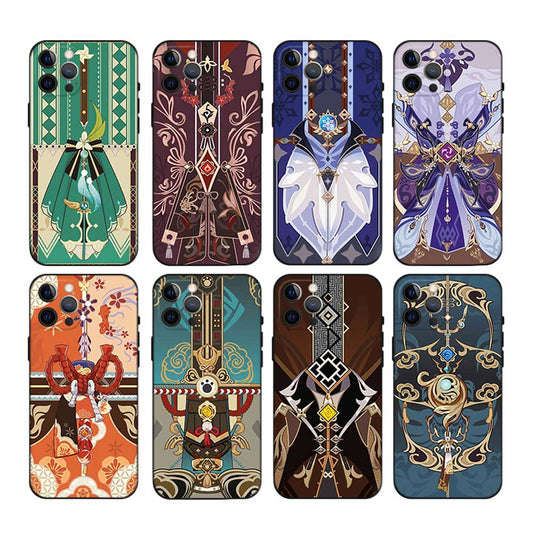Genshin Impact Phone Cases, Multiple Designs: green, teal ornate fantasy-inspired character/costume motifs, ornate fantasy ca