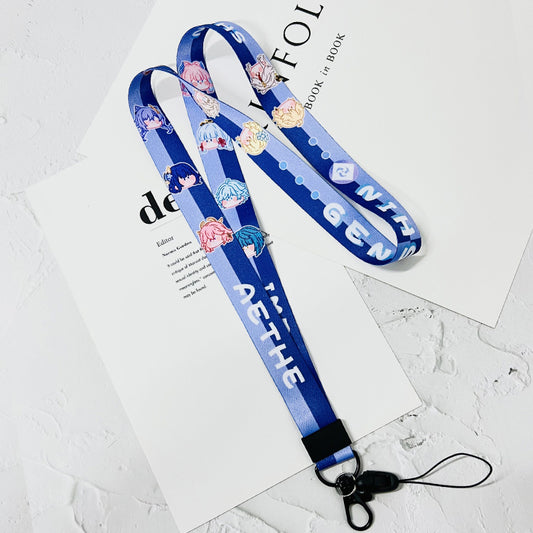 Genshin Impact Phone Lanyards with Art: blue, white anime-style characters, cartoon anime style