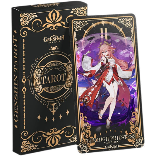 Genshin Impact Tarot Card Set: black, gold Genshin Impact character Yae Miko, ornate fantasy anime/cartoon style