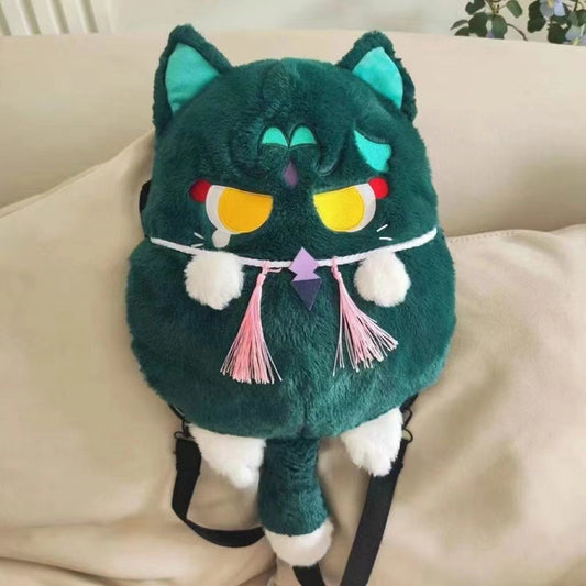 Genshin Xiao Cat Backpack: Whimsical, Portable, Captivating: dark teal, turquoise cartoon cat character, kawaii cartoon style