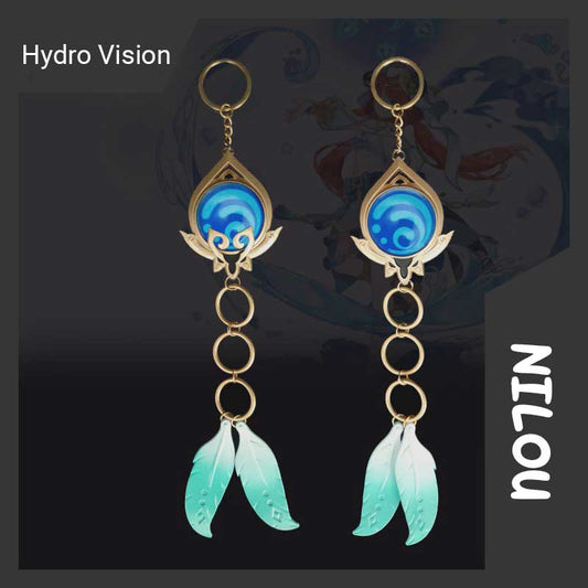 Nilou Vision Keychain: Genshin Impact Charm: gold, blue Hydro Vision themed design, fantasy game-inspired, ornate style
