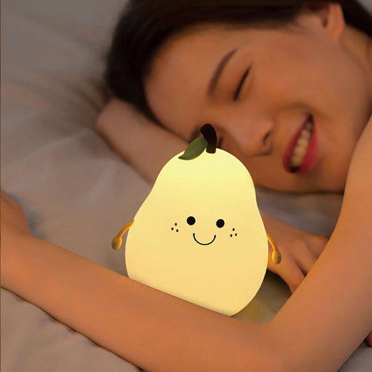 Postmodern Solar Garden Light with LED: yellow, green smiling pear character, kawaii cartoon style