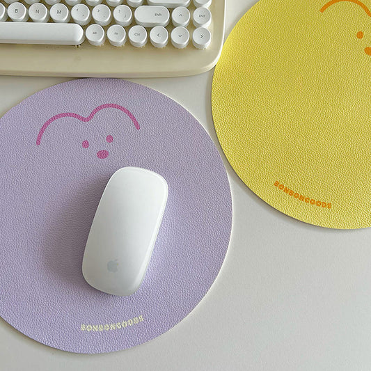 BonBonGoods PU Leather Gaming Mouse Pad: lavender, yellow simple bear-like face illustration, minimal kawaii style