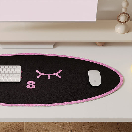 BonBonGoods PU Leather Gaming Mouse Pad: black, pink cartoon face, kawaii minimal style