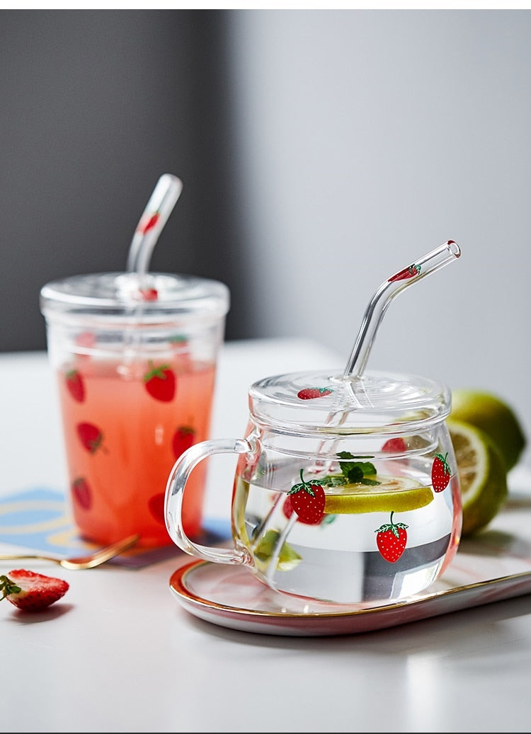 Strawberry Patterned Cup with Straw