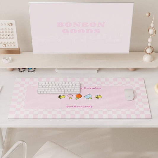 BonBonGoods Gaming Mouse Pad: For Gamers: pastel pink, white cartoon flower and bee characters, kawaii style