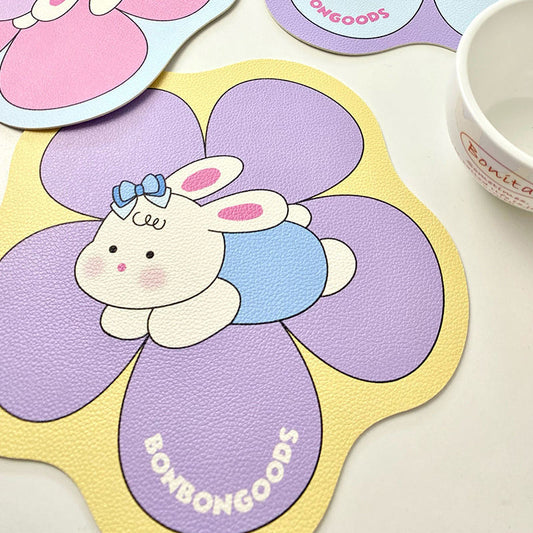 Elegant PU Leather Table Mats: lavender purple, yellow cartoon bunny character, kawaii cartoon style