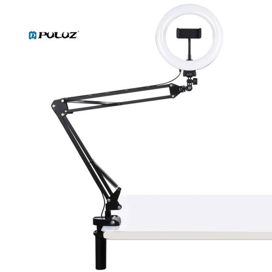 PULUZ 7.9 Ring Light with Phone Clamp: black, white clip-on adjustable arm ring light with phone holder, minimal functional s