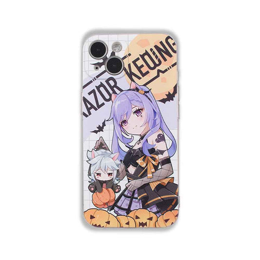 Genshin Impact Halloween Phone Case: white, lavender anime-style female characters with Halloween theme, anime, cartoon, Hall