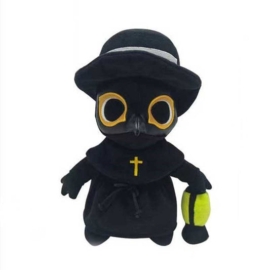Glow in the Dark Plague Doctor Plush Toy: black, dark gray plague doctor character, cartoon style