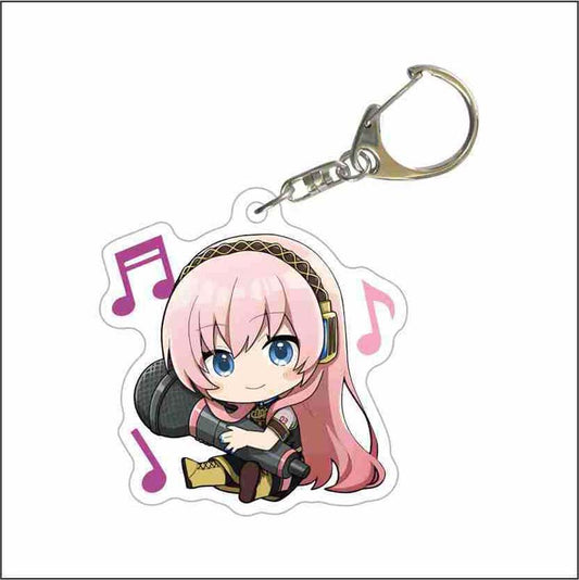 Cute Miku Keychains from Project DIVA: pink, black pink-haired anime-style girl with headphones and a microphone, kawaii anim