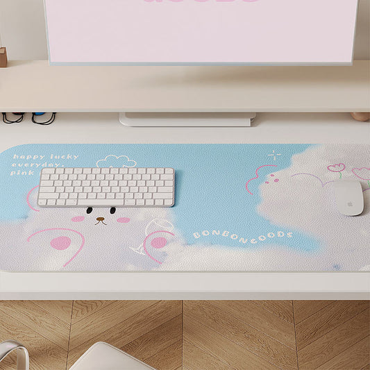 BonBonGoods PU Leather Gaming Mouse Pad: light blue, white cartoon bunny, kawaii style