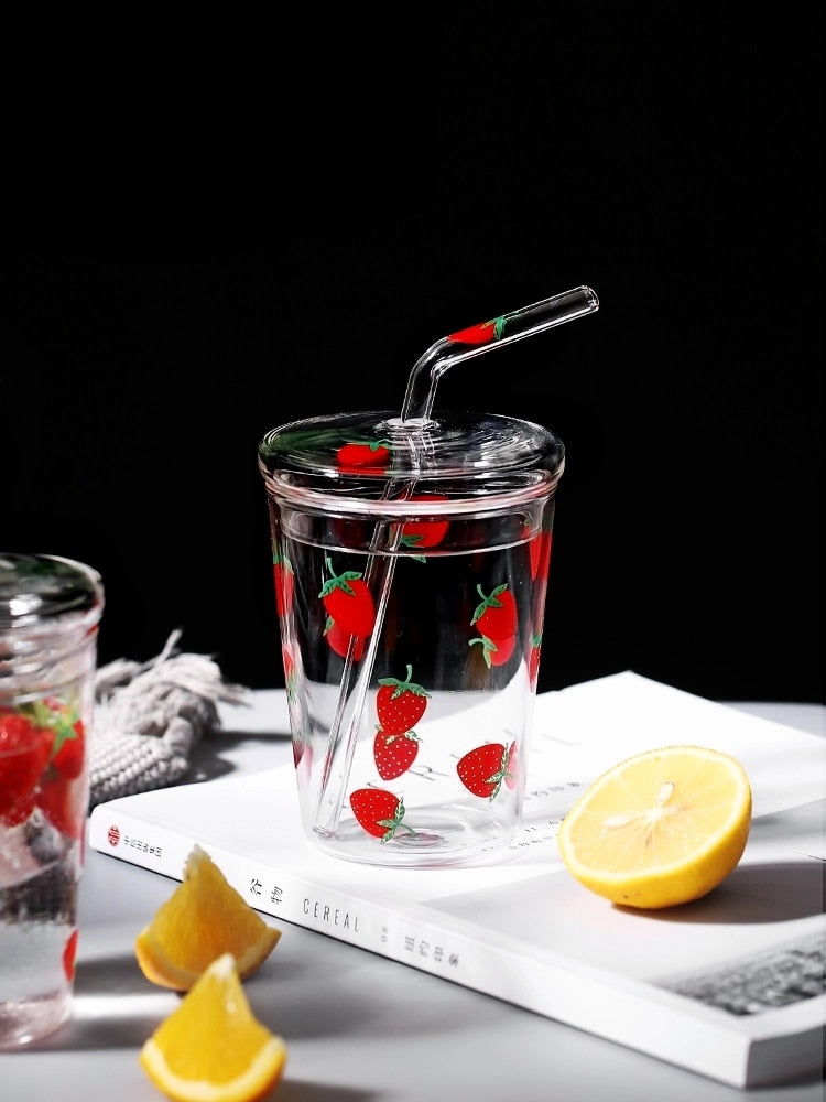 Strawberry Patterned Cup with Straw