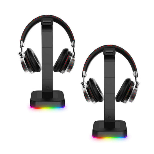 RGB Gaming Headset Stand, Portable: black, silver headphone stand, modern gaming style