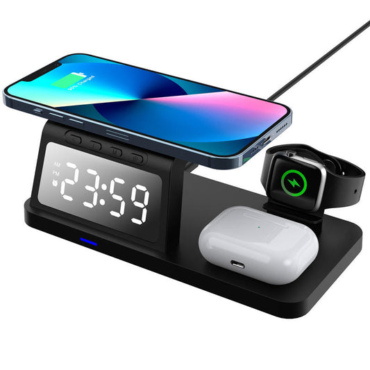 Enhanced Life Innovation: A Game-Changer: black, dark gray multi-device charging station with digital alarm clock, minimal mo