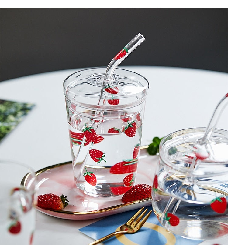 Strawberry Patterned Cup with Straw