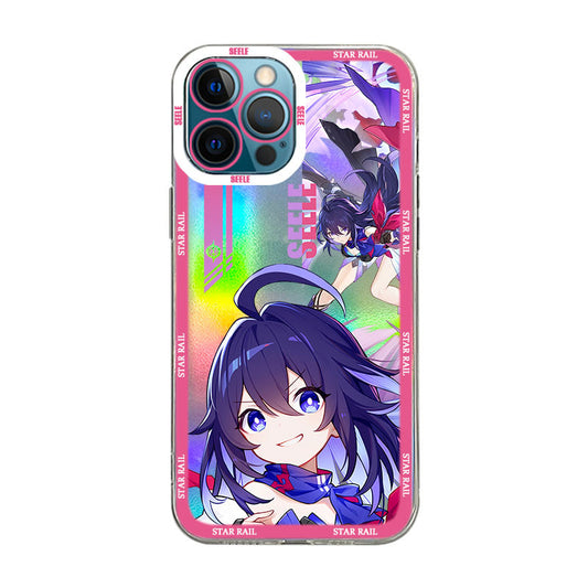 Holographic Honkai Star Rail iPhone Cases: pink, purple anime-style female character, anime, colorful, glossy style