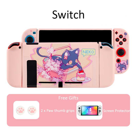 Cat Switch OLED Shell Cases, Pink: pink, black cartoon cat character, kawaii cartoon style