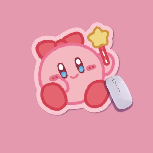 Kawaii Kirby Mouse Pads with Non-Slip Base: pink, red cute pink character resembling Kirby holding a star wand, kawaii cartoo