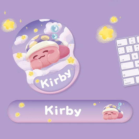 Kirby Mouse Pad & Purple Keyboard Wrist Rest: lavender purple, pink Kirby character, kawaii cartoon style
