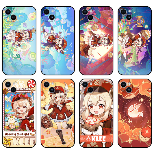 Klee Genshin Impact Phone Case: orange, red anime-style girl character, labeled "KLEE" on some designs, colorful anime/cartoo