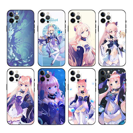 Kokomi Genshin Impact Phone Case: black, white anime-style pink-haired female character, anime, cartoon, kawaii style