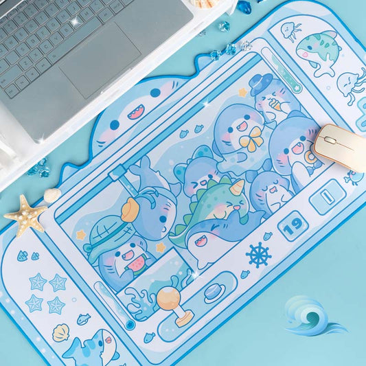 Cute Shark Gaming Desk Mat: light blue, white cartoon sea-animal characters, kawaii cartoon style