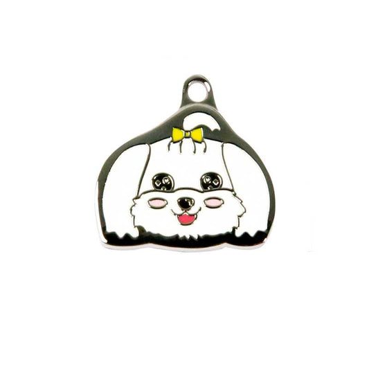 Customizable Maltese Dog ID Tag: white, black cartoon rabbit character, kawaii cartoon style