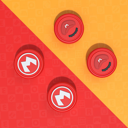 Mario Joystick Caps for Switch Models: red, orange Mario-themed symbols, cartoon video-game themed style