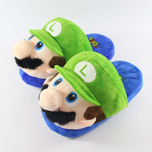 Cute Mario Slippers with Fruit Design: green, blue Luigi-like cartoon character, cartoon, novelty plush style