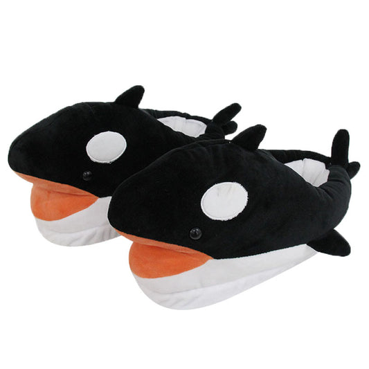 Plush Orca Slippers: Ultimate Comfort and Cuteness: black, white orca whale, cartoon style