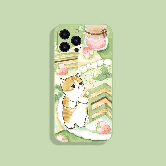 Pastel Cat iPhone Cases with Protection: light green, white cartoon orange-and-white cat with strawberries and dessert-themed