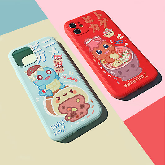 Soft Silicone iPhone Case with Protection: red, light blue cartoon food and animal-like characters, kawaii cartoon style