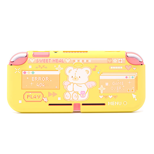 Kawaii Bunny and Bear Switch Lite Case: yellow, pink bear character, kawaii retro video game style