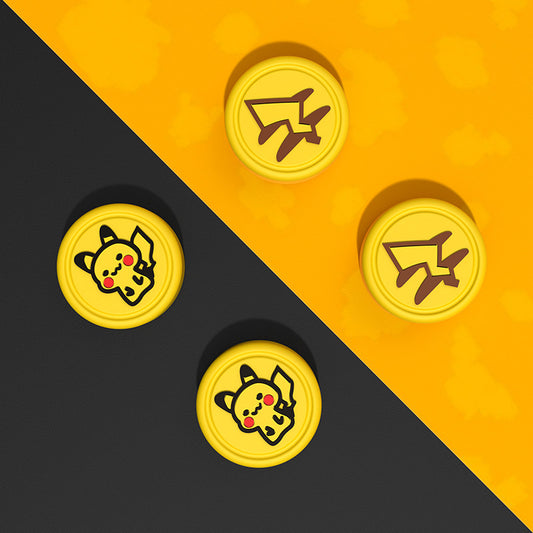 Cute Joystick Caps for Switch Accessories: yellow, black Pikachu and airplane symbols, cartoon, kawaii style