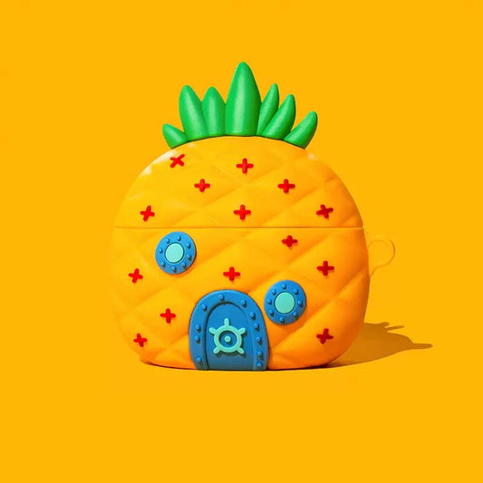 Cute Pineapple AirPods Case with Protection: yellow-orange, green pineapple, cartoon, whimsical style