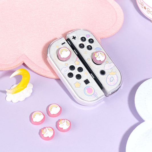 Pink Unicorn Switch OLED Thumb Grips: white, light pink pastel cloud, moon, star, and bear-like character theme, kawaii paste