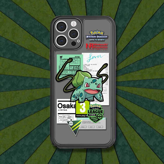 Translucent iPhone Cases with Pokemon Graphics: dark gray, green Bulbasaur Pokémon character, cartoon, graphic collage style