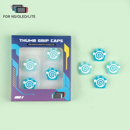 Switch Anime Thumb Grips with Personality: turquoise, white cartoon paw-print design, cartoon kawaii style