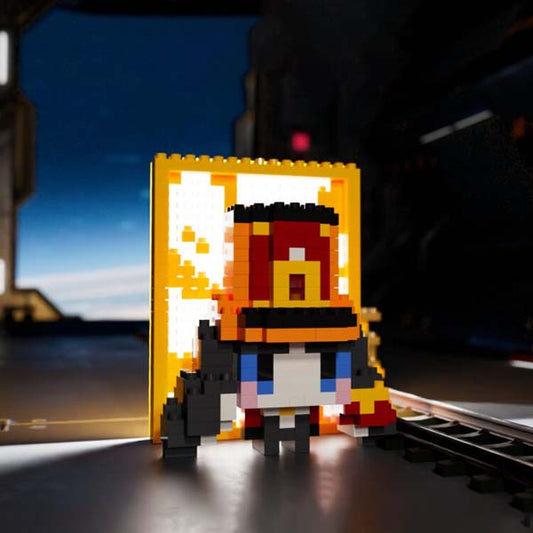 Honkai Star Rail PomPom Conductor Building Kit: orange, yellow cartoon character, pixelated cartoon style
