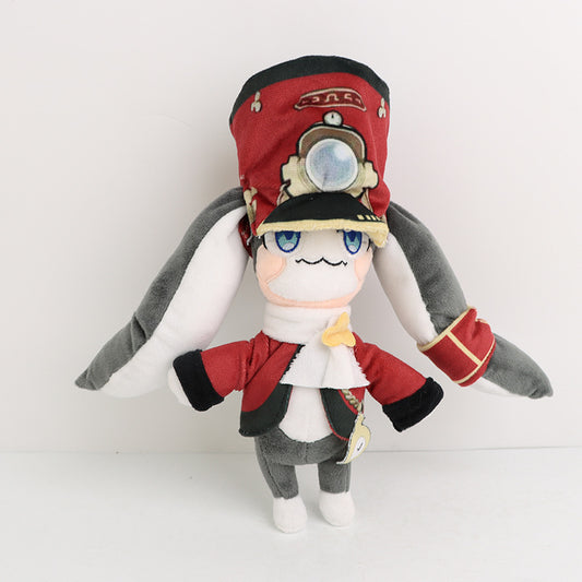 Honkai Star Rail Pom-Pom Plush Toy: red, gray anime-style rabbit-eared character wearing a miner-style hat, kawaii cartoon st