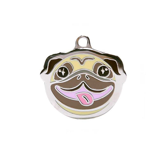 Pug Dog ID Tag with Free Engraving: beige, brown pug dog face, cartoon style