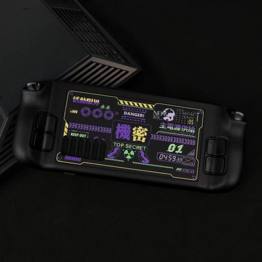 Mecha Steam Deck Case: stylish protection: black, purple sci-fi/cyberpunk warning-panel theme, cyberpunk, futuristic, cartoon