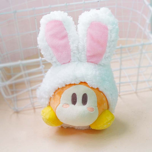 Rabbit Ears Kirby Plush Toy: white, pink cartoon animal character wearing a bunny hood, kawaii cartoon style