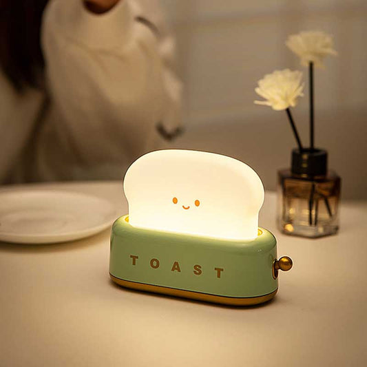 Cute Toaster Night Light with Adjustable Brightness: cream white, light green smiling toast slice, kawaii cartoon style