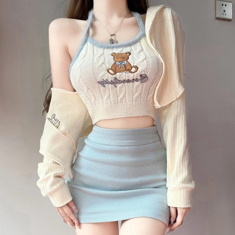 Blue & Cream Cute Bear Knitted Set