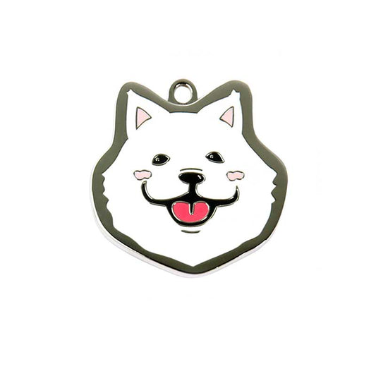 Samoyed Dog ID Tag with Free Engraving: white, dark olive green cartoon dog face, cartoon kawaii style