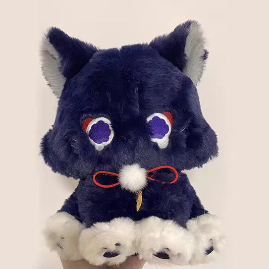 Scaramouche Cat Plush Toy for Collectors: dark navy blue, white cat-like character, kawaii cartoon style